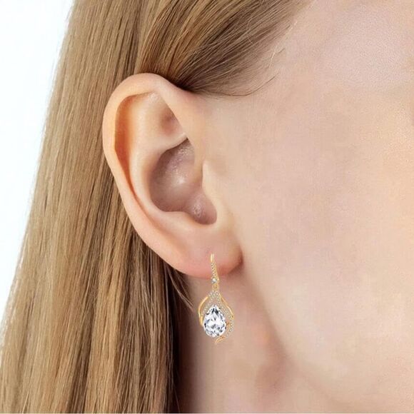 14K Yellow Gold with White Diamond Austrian Crystal Twisted Teardrop Earrings - Picture 5 of 6